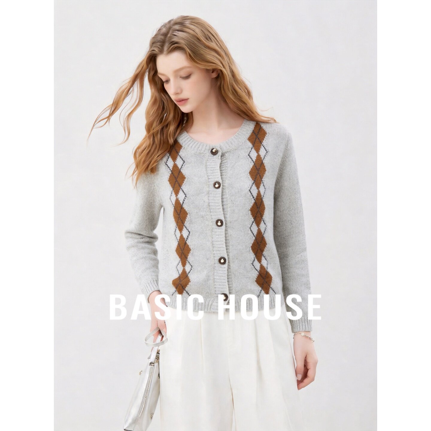 Basic House/百家好学院风菱格纹针织开衫女秋冬复古纽扣外套百搭