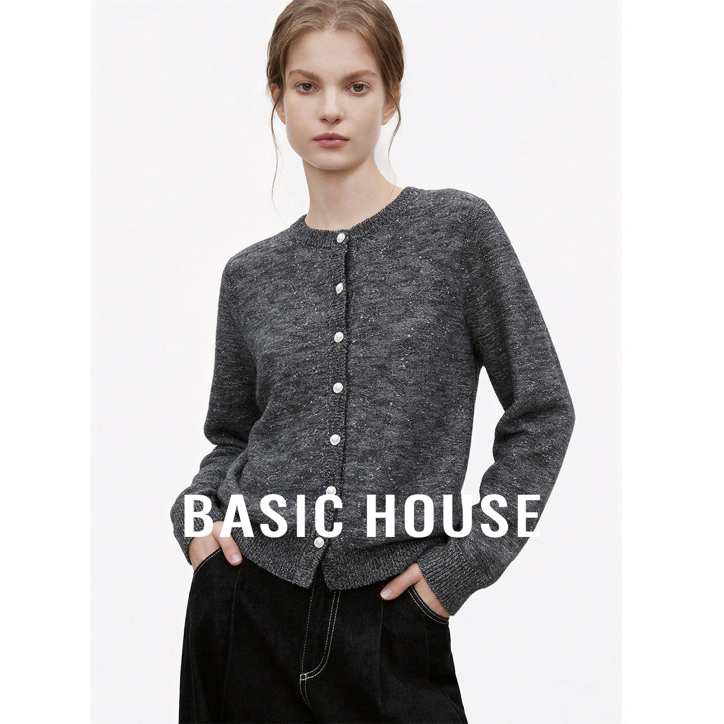 Basic House/百家好圆领宽松显瘦针织开衫女秋季新款长袖外搭上衣