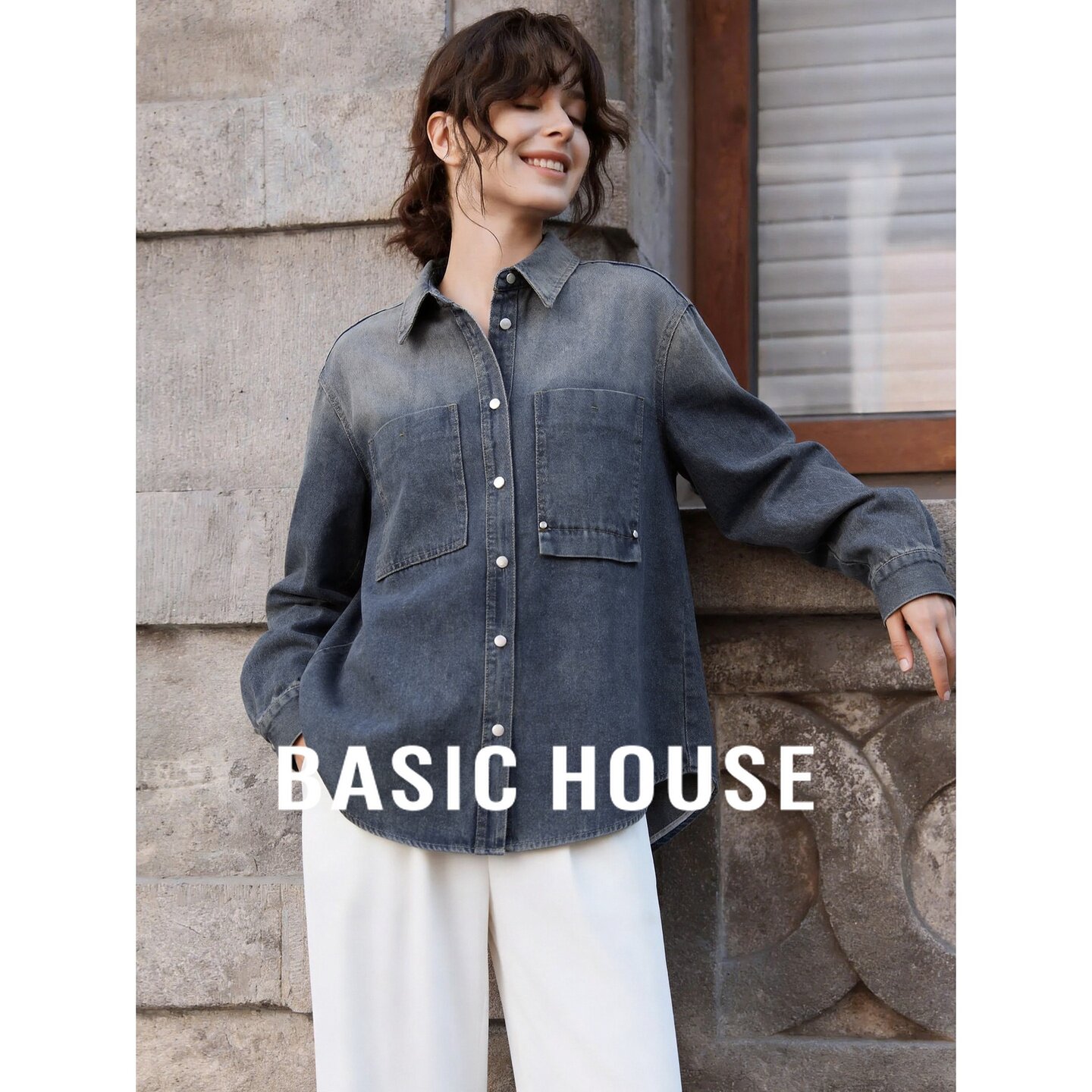 Basic House/百家好复古牛仔衬衫女长袖宽松纽扣开衫上衣秋季新款