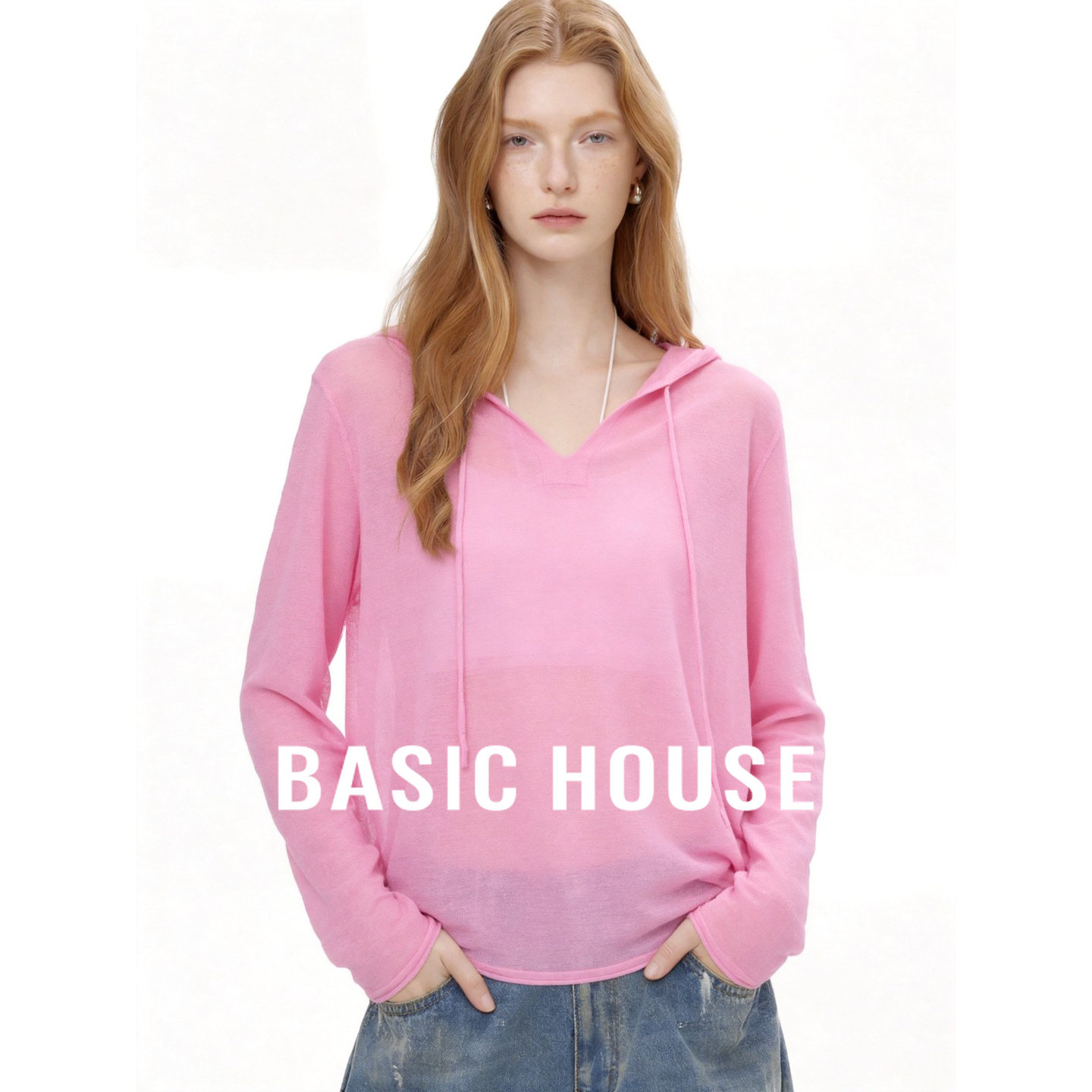 Basic House/百家好慵懒风粉色连帽针织衫女宽松显瘦简约防晒罩衫