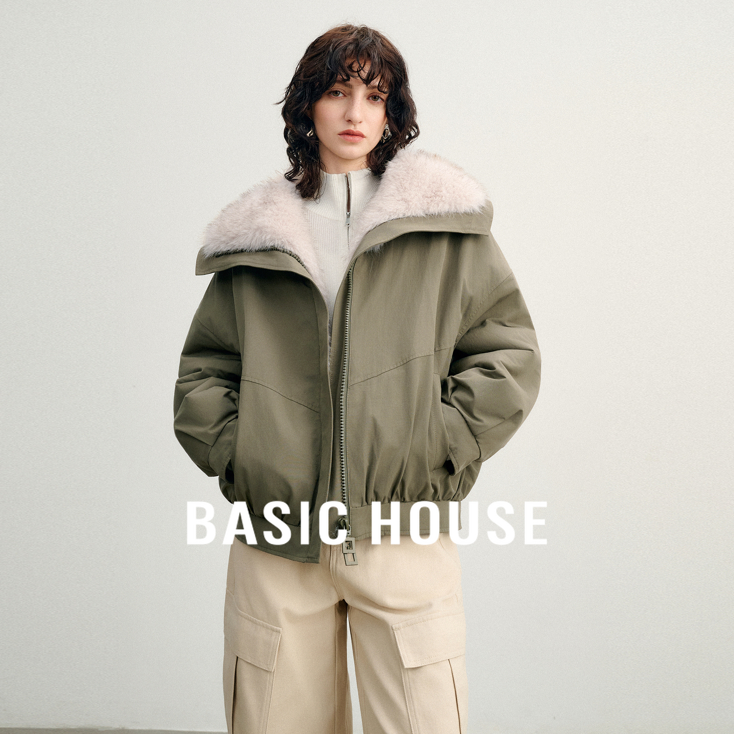 Basic House/百家好工装仿羊羔毛翻领极简高级感秋冬保暖短款外套