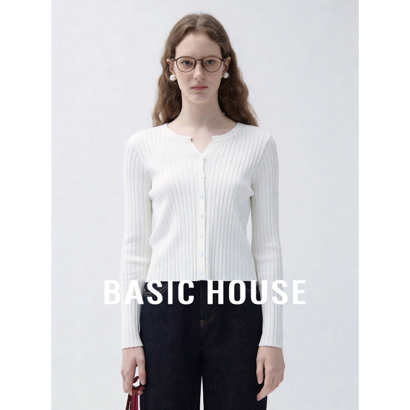 Basic House/百家好白色竖条纹针织开衫女秋季基础款修身显瘦上衣