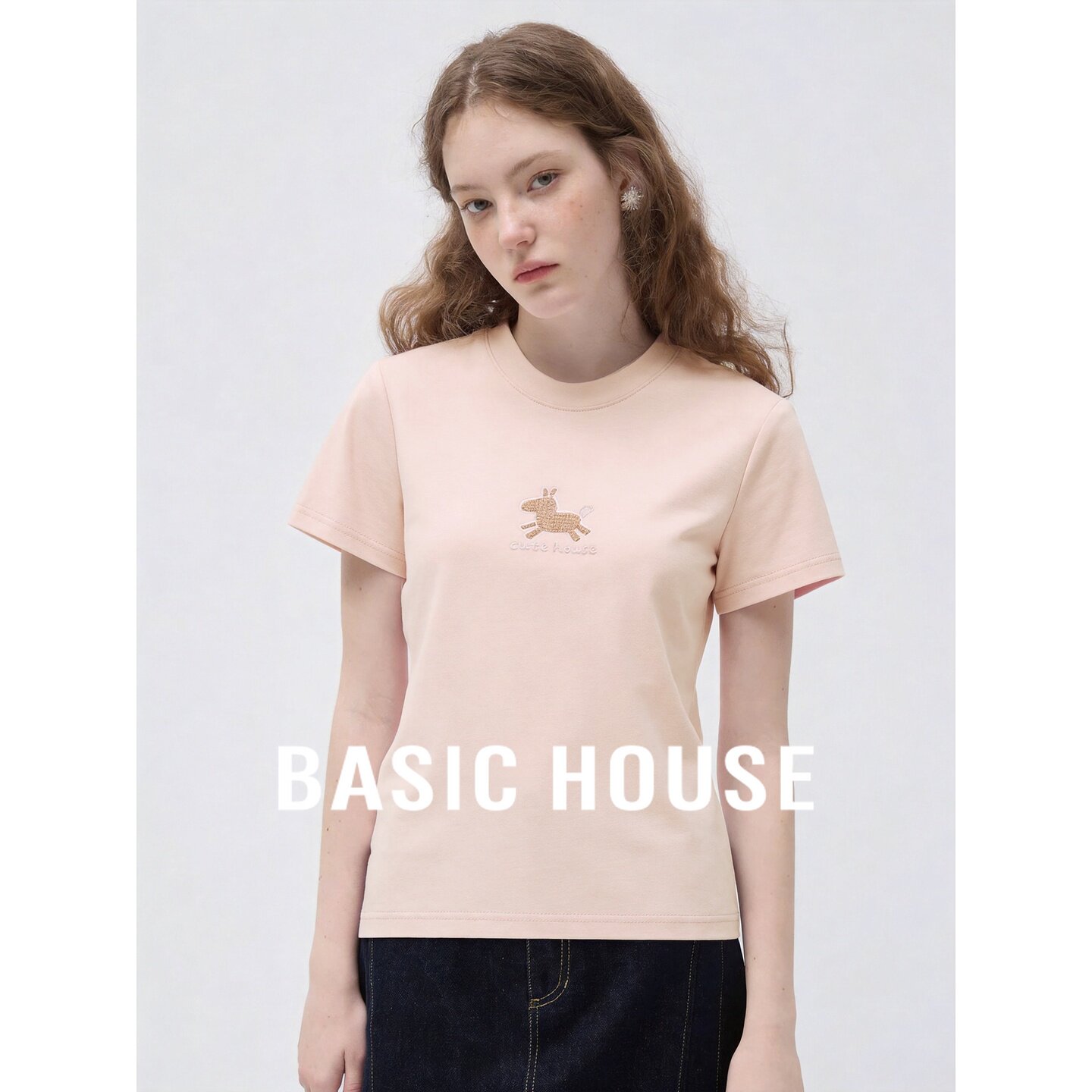 Basic House/百家好简约小马刺绣粉色短袖T恤女夏季圆领套头上衣