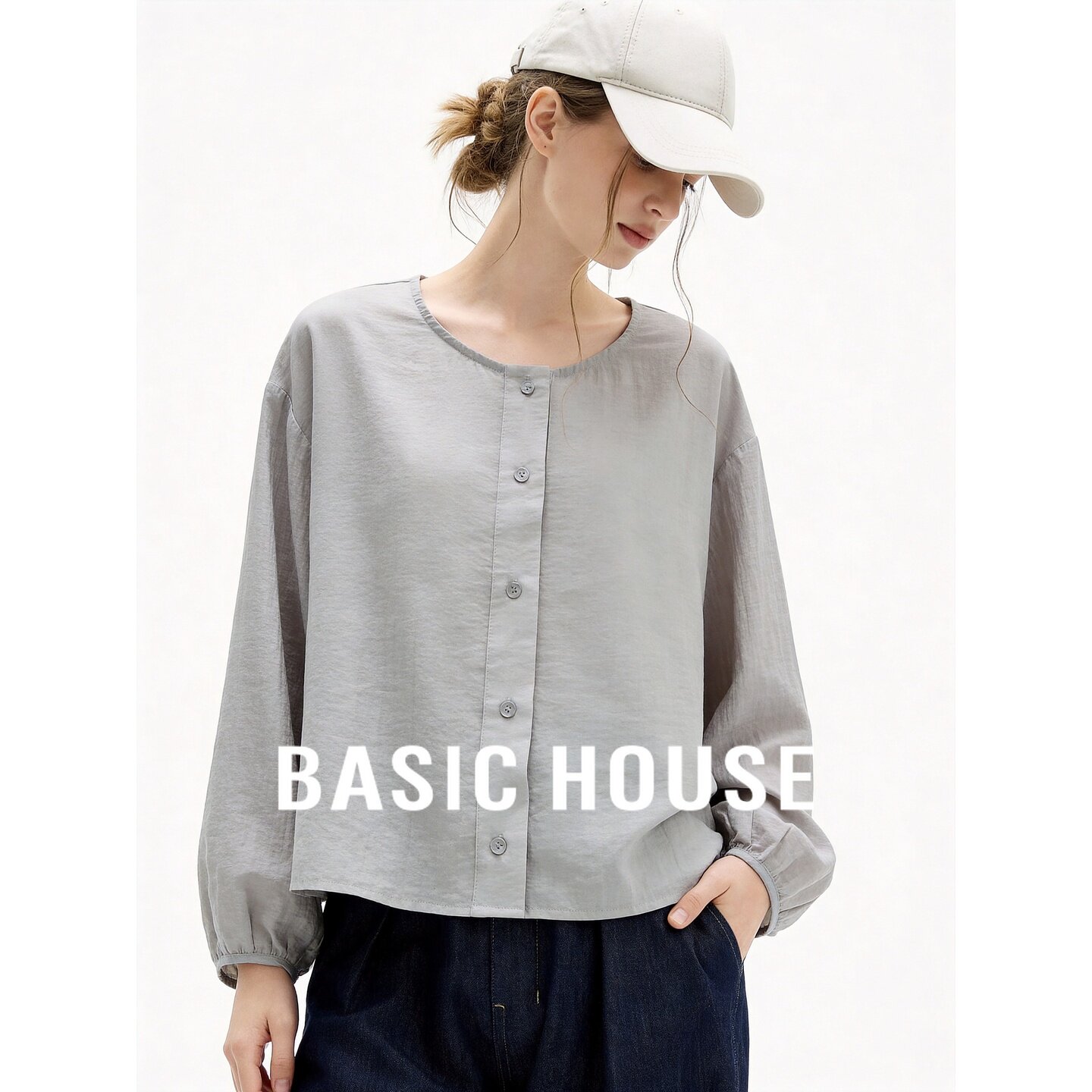Basic House/百家好法式简约圆领纽扣灯笼袖宽松衬衫女温柔百搭