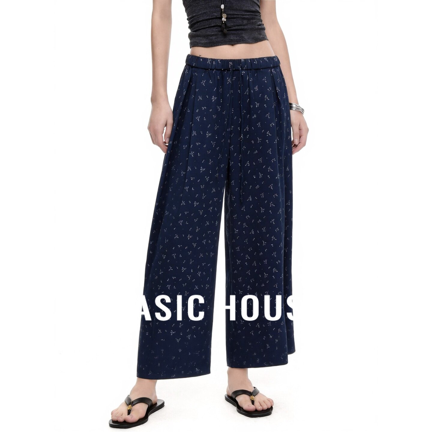 Basic House/百家好藏青色碎花阔腿裤女夏显瘦宽松百搭纯棉休闲裤