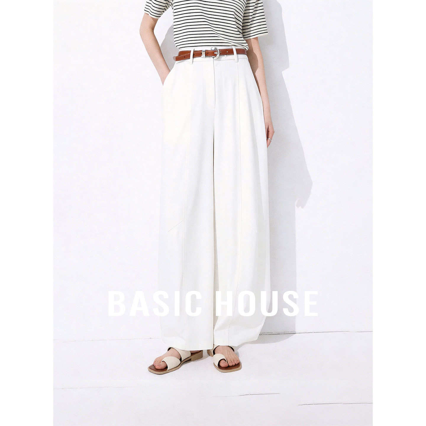 Basic House/百家好白色通勤必备直筒裤女夏季舒适百搭休闲长裤