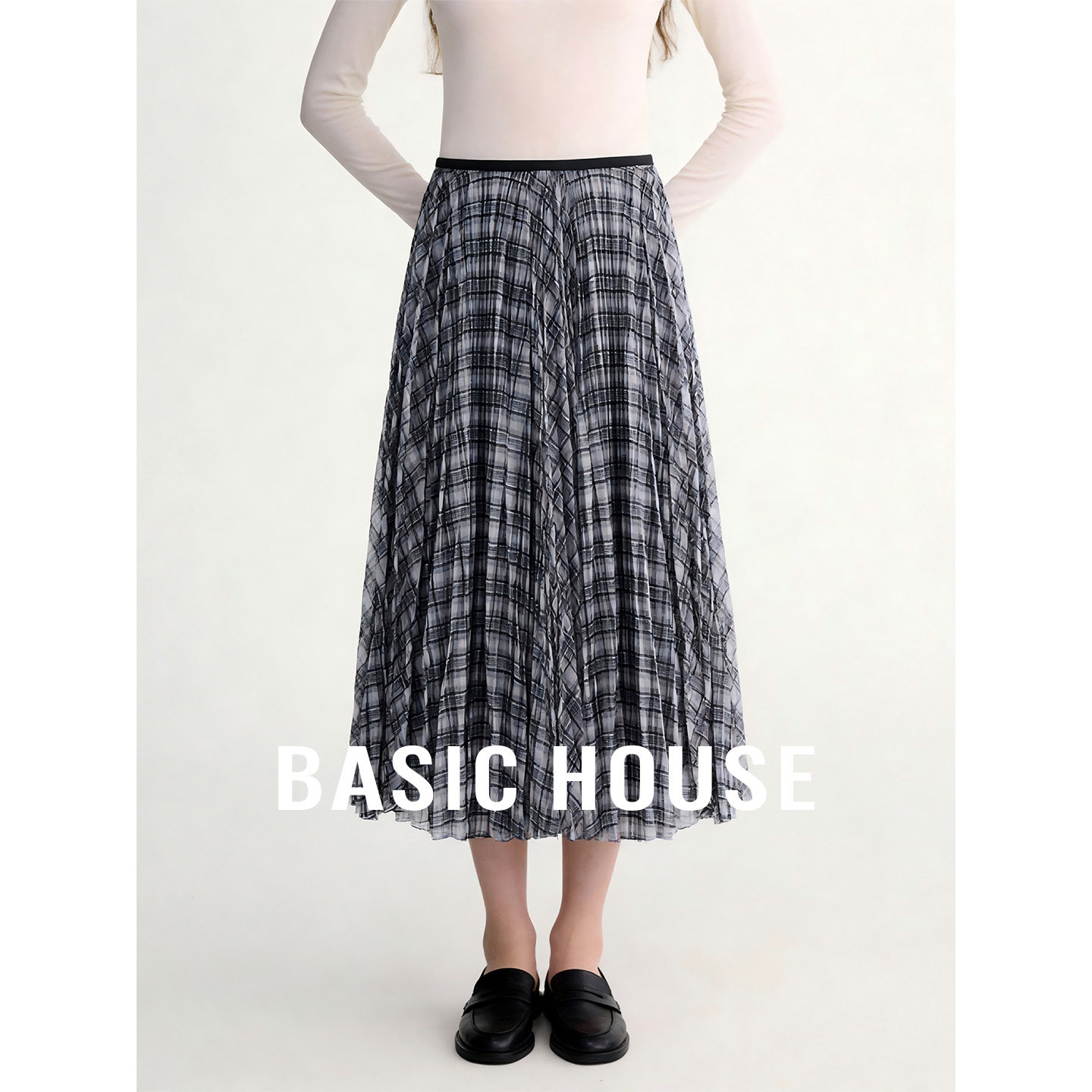 Basic House/百家好黑白格宽松休闲半身裙女26夏季高腰中长款纱裙