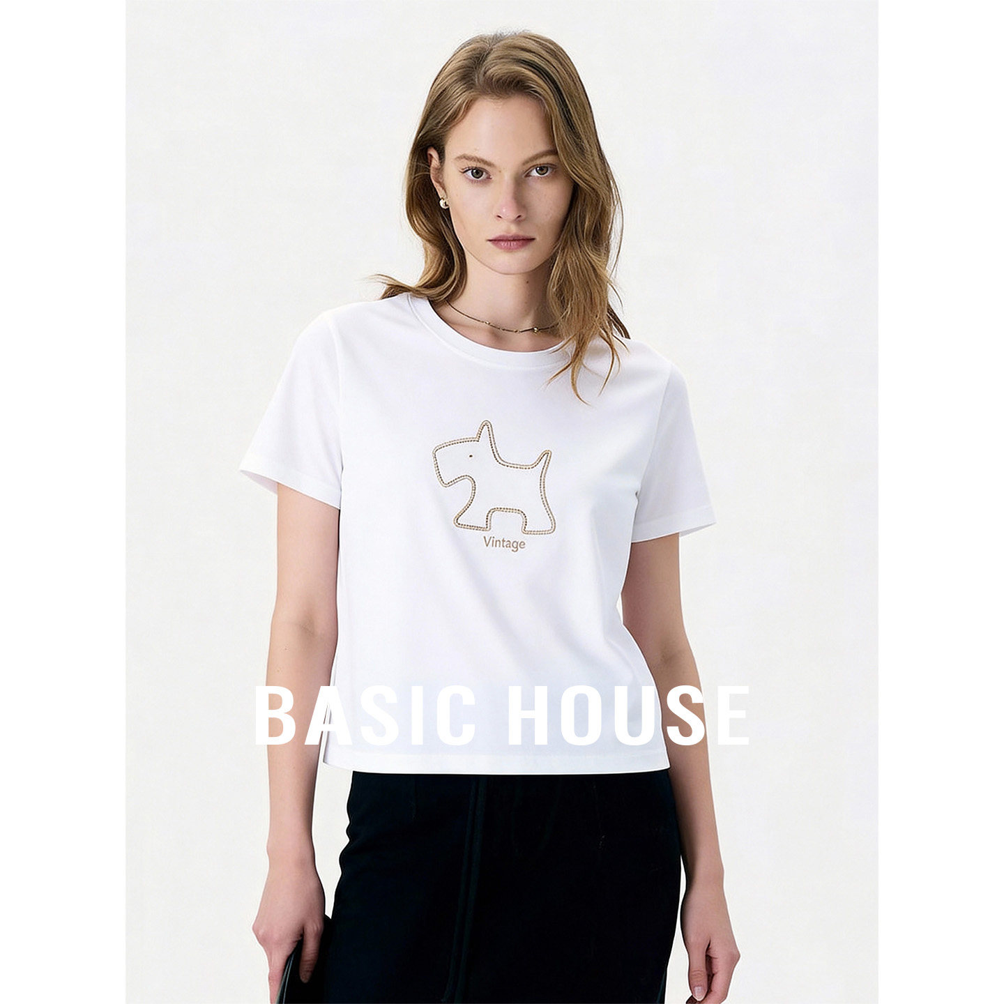 Basic House/百家好圆领印花设计短袖T恤女夏季正肩百搭宽松上衣