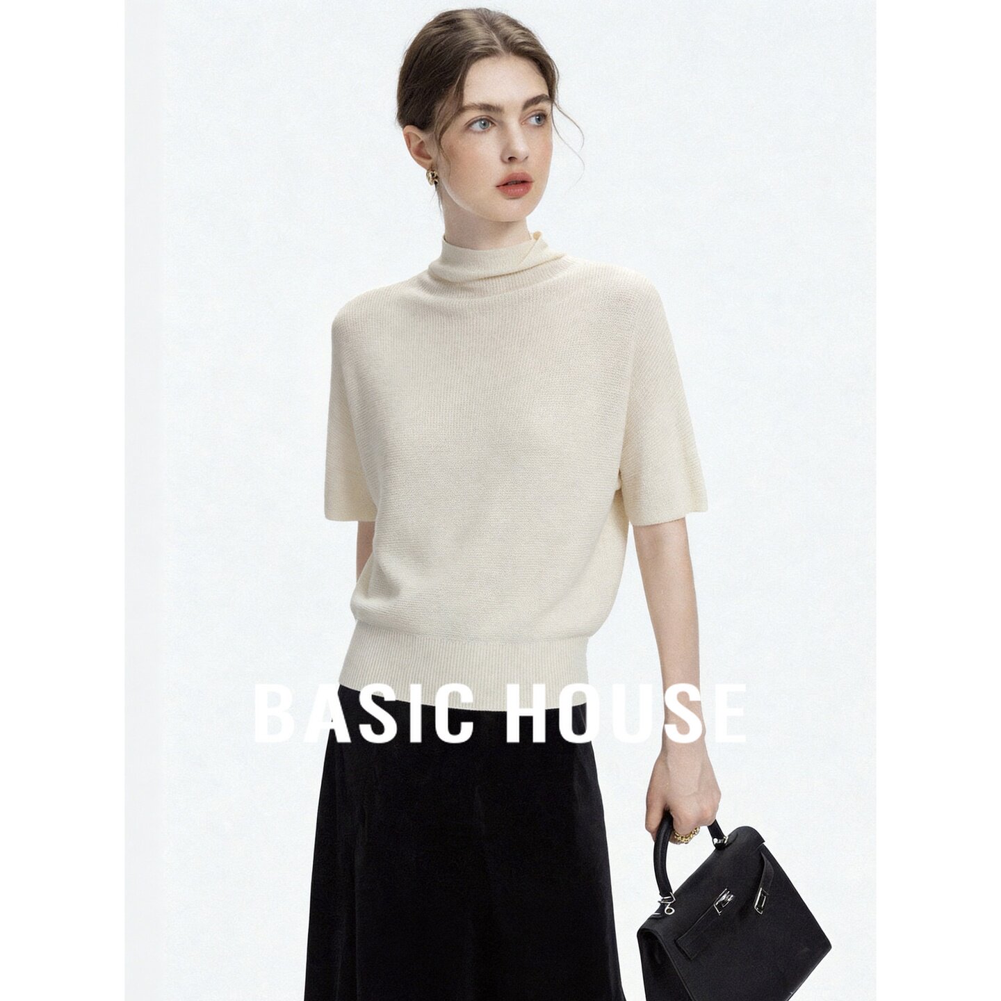 Basic House/百家好米色半高领羊毛优雅套头日常女装短袖针织衫秋