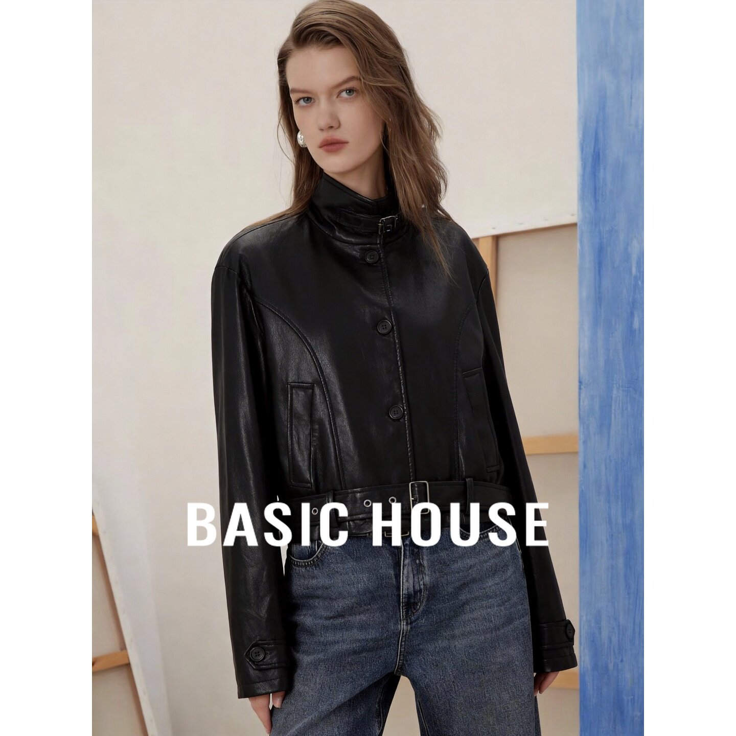 Basic House/百家好2026秋季黑色立领纽扣宽松复古长袖日常短外套