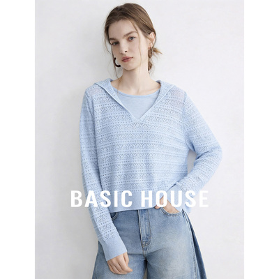 Basic House百家好连帽镂空透气宽松针织长袖26夏季新款纯色上衣
