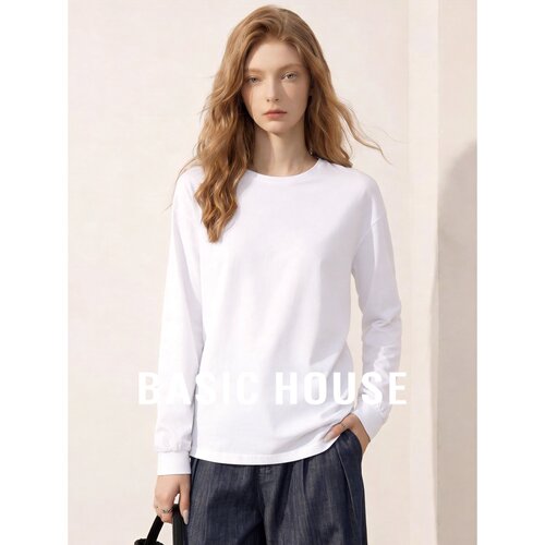 Basic House/百家好极简风长袖T恤女白色基础款舒适透气亚麻上衣