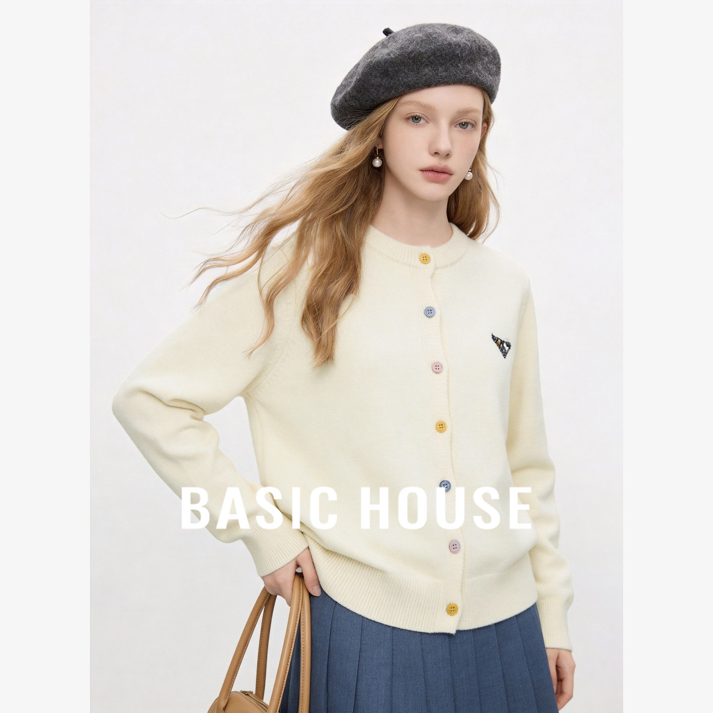 Basic House/百家好多巴胺彩色纽扣针织开衫女慵懒风修身毛衣外套