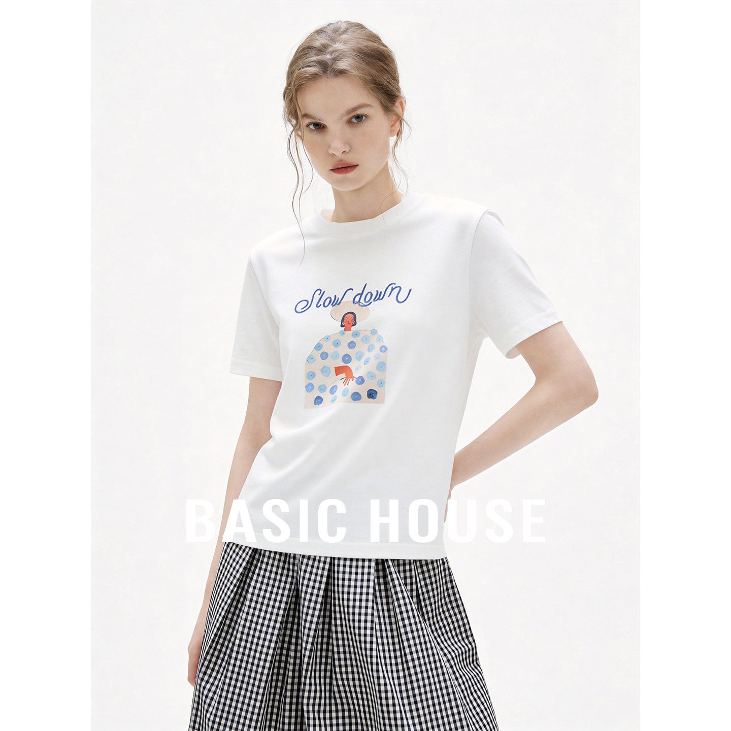 Basic House/百家好2026新款人物印花设计短袖T恤女夏季百搭上衣