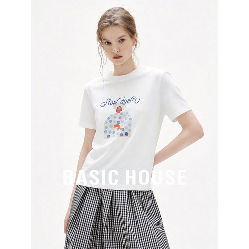 Basic House/百家好2026新款人物印花设计短袖T恤女夏季百搭上衣