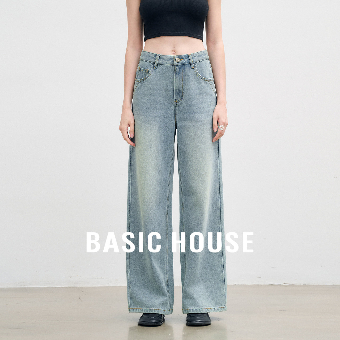 Basic House/百家好时髦水洗做旧高腰长腿裤子宽松磨白直筒牛仔裤