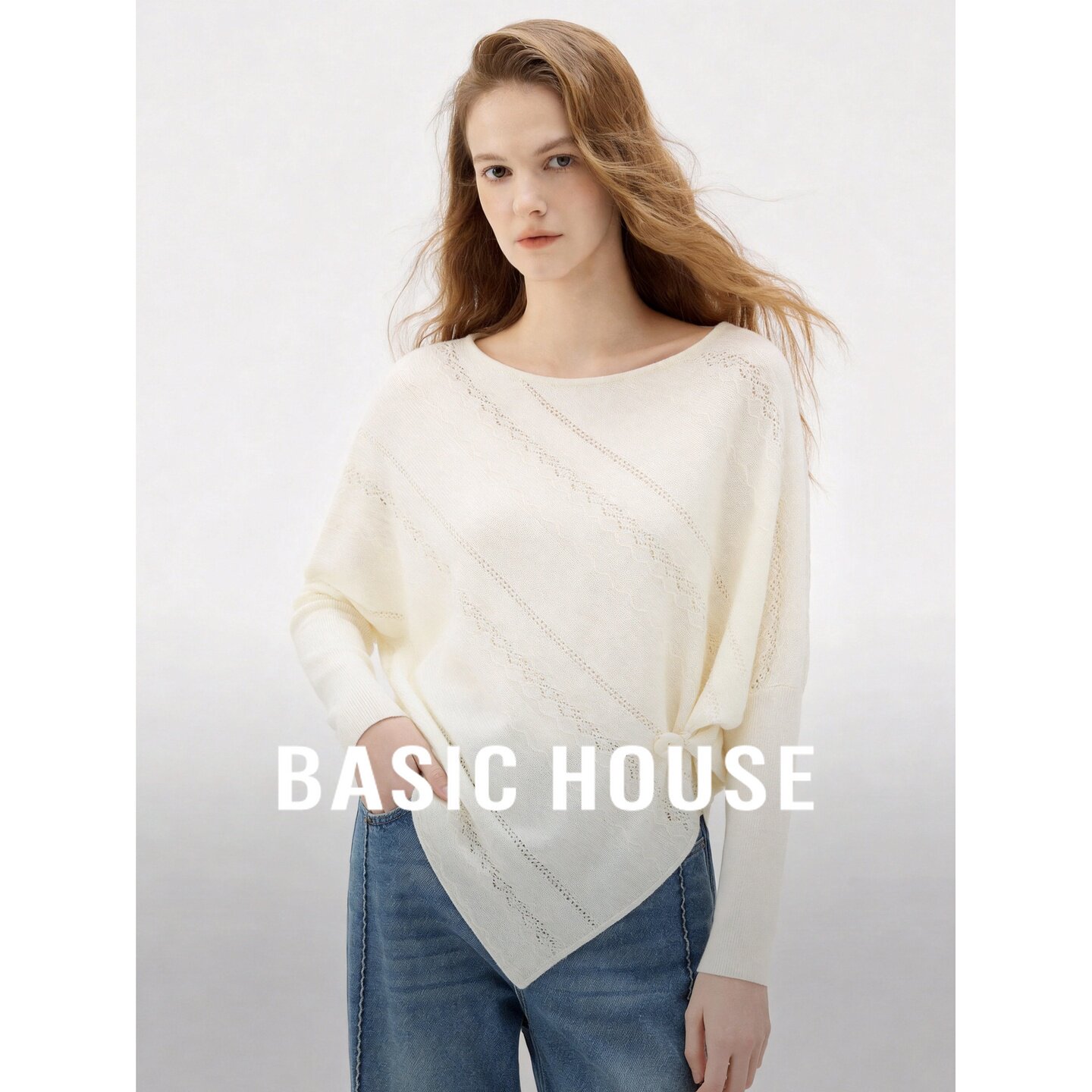 Basic House/百家好设计感羊毛混纺圆领不对称中长袖日常针织衫