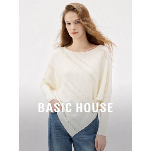 Basic House/百家好设计感羊毛混纺圆领不对称中长袖日常针织衫