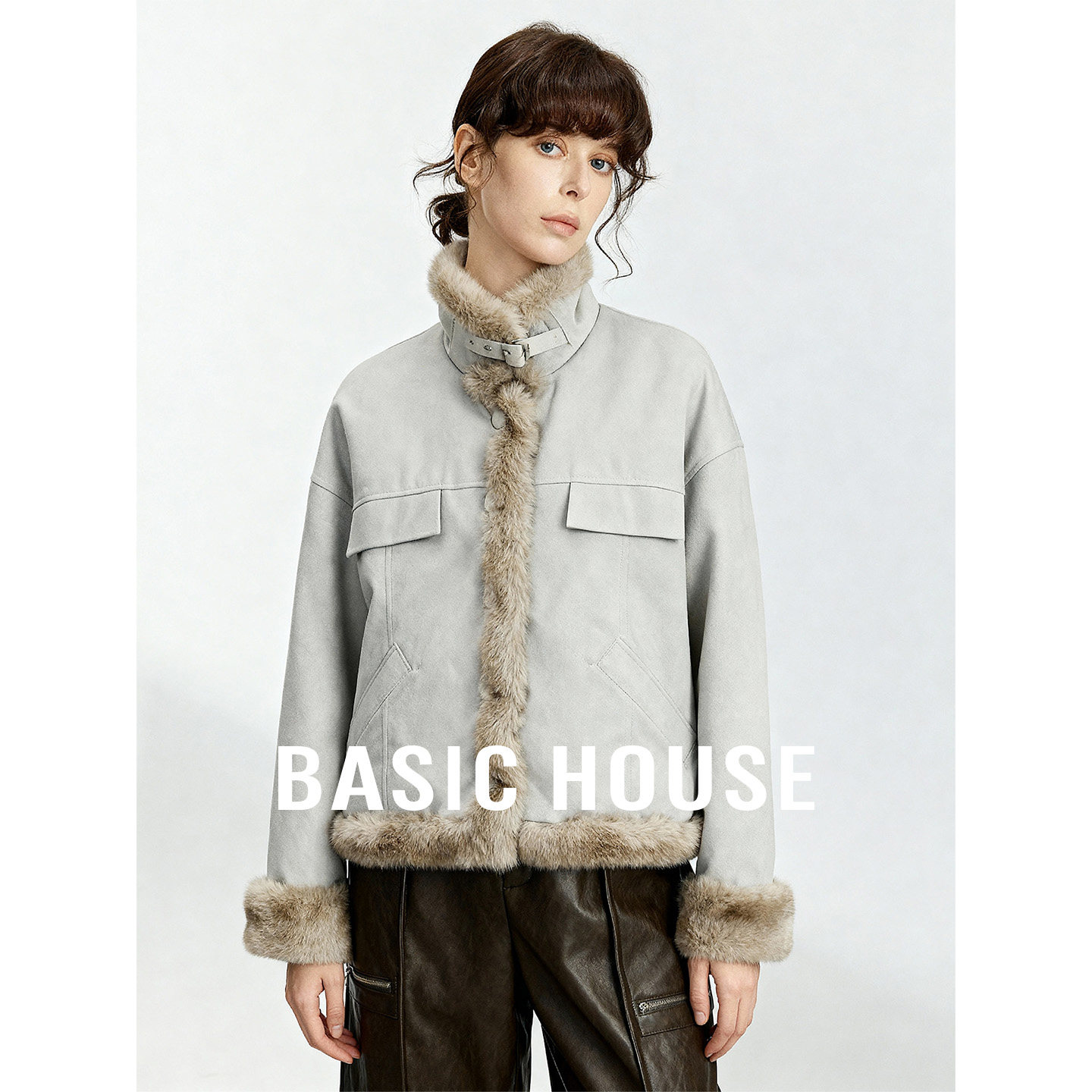 Basic House/百家好2026保暖短款加厚外套女冬百搭双面穿毛毛外套,女装/女士精品,短外套,淘宝优惠券,粉丝福利购,淘宝优惠卷