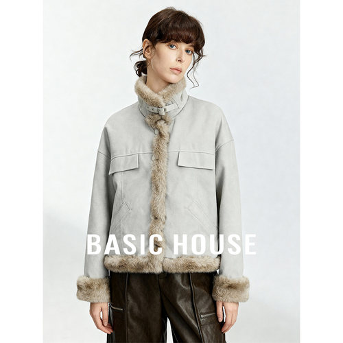 Basic House/百家好2025保暖短款加厚外套女冬百搭双面穿毛毛外套