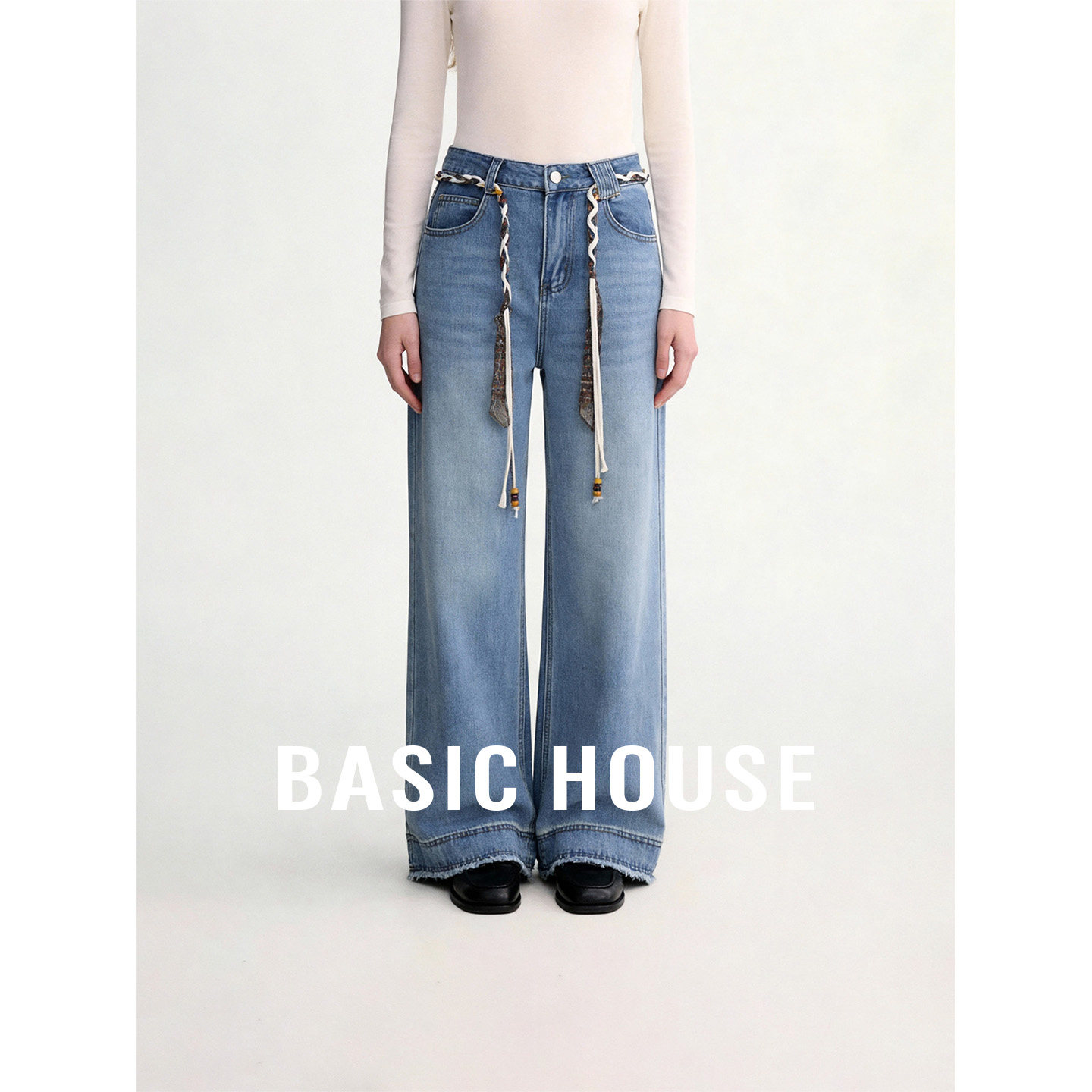 Basic House/百家好高腰复古抽绳直筒裤女春新款垂坠感阔腿牛仔裤,女装/女士精品,牛仔裤,淘宝优惠券,粉丝福利购,淘宝优惠卷