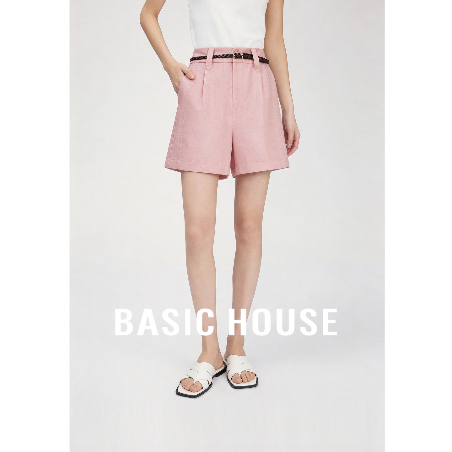 Basic House/百家好粉色极简高腰短裤女夏宽松腰带时尚百搭休闲裤