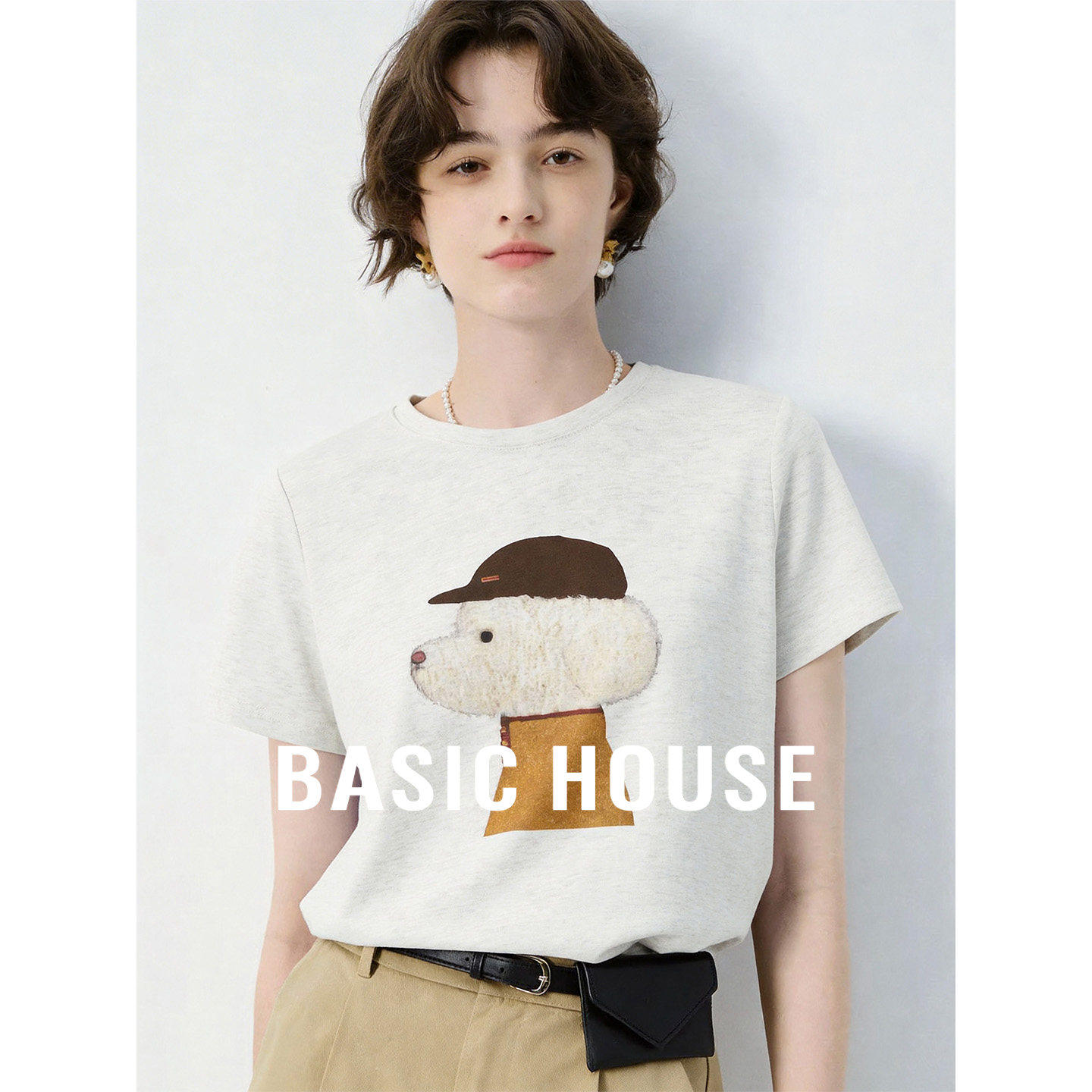 Basic House/百家好小狗印花短袖T恤女夏季体恤新款宽松圆领上衣