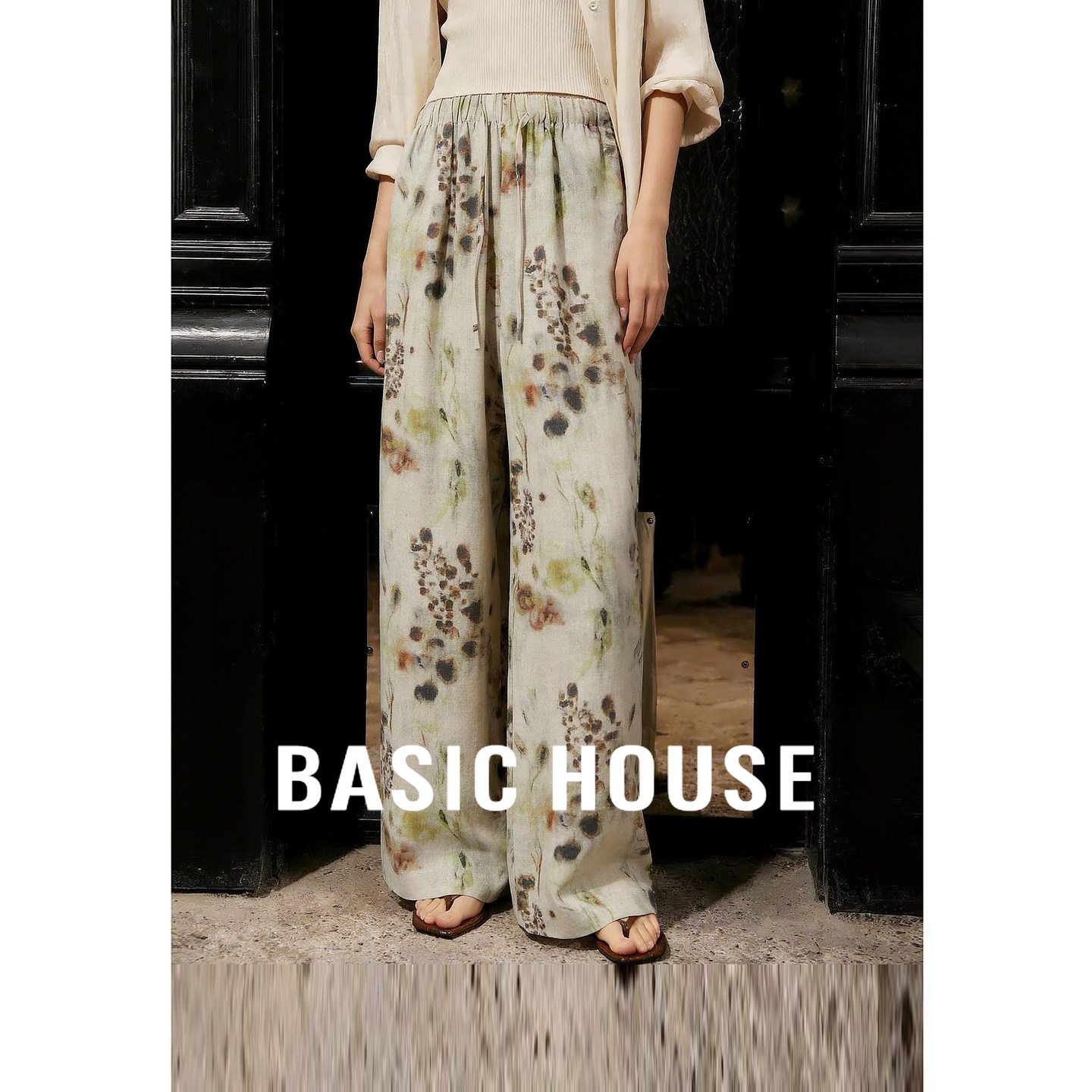 BasicHouse百家好复古印花亚麻阔腿裤女2026夏季显瘦慵懒垂感裤子