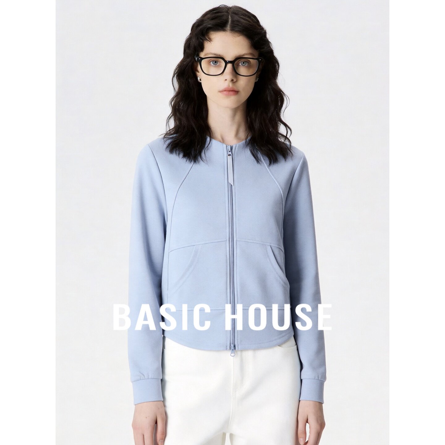 Basic House/百家好简约休闲风蓝色拉链开衫卫衣女时尚百搭短外套