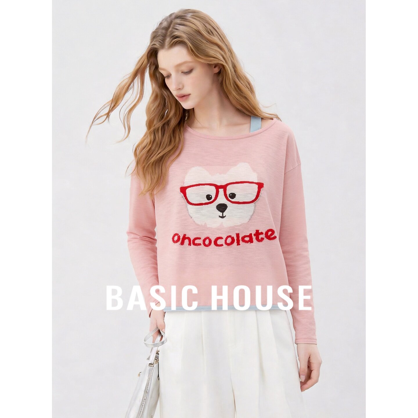 Basic House/百家好卡通刺绣长袖针织衫女秋圆领套头减龄百搭毛衣