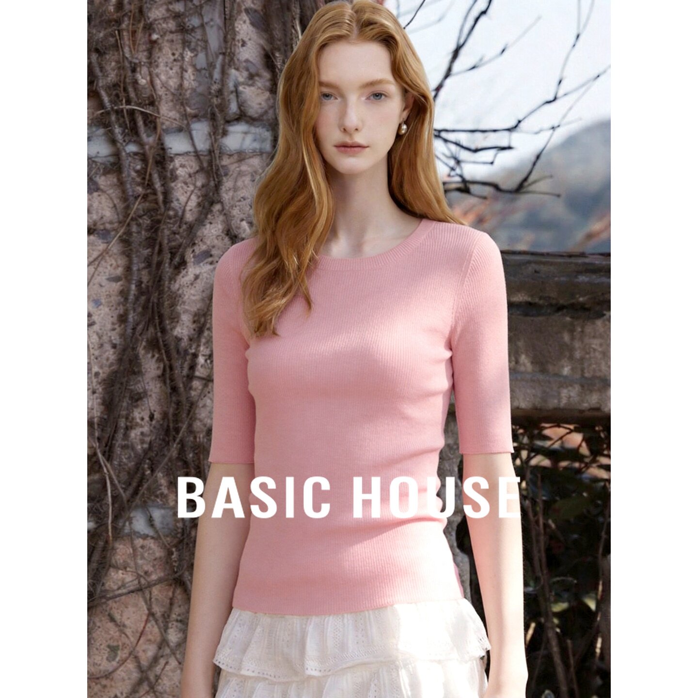 Basic House/百家好2026秋季粉色圆领螺纹修身简约七分袖针织衫女