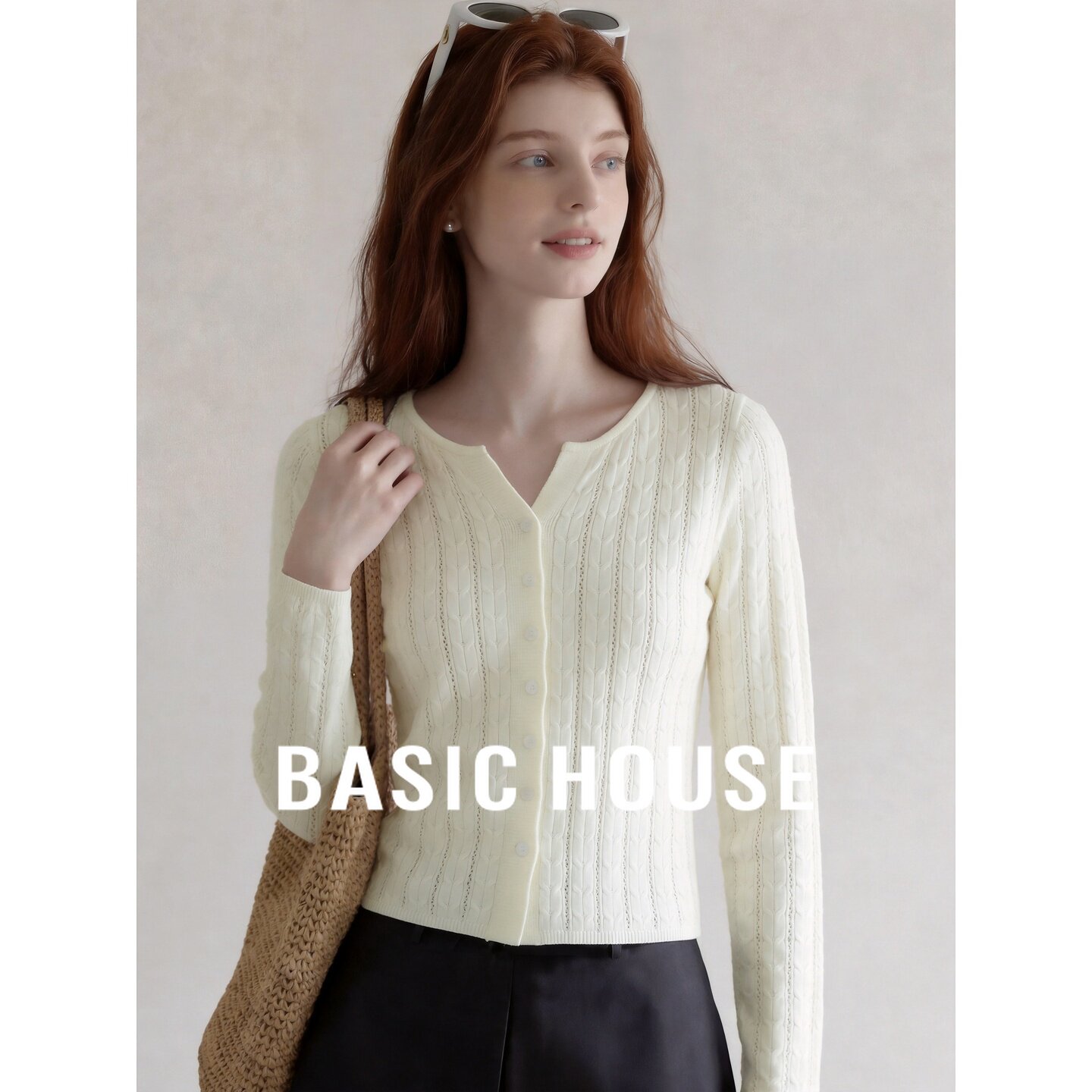 Basic House/百家好白色针织开衫女修身显瘦上衣外套搭配吊带初秋