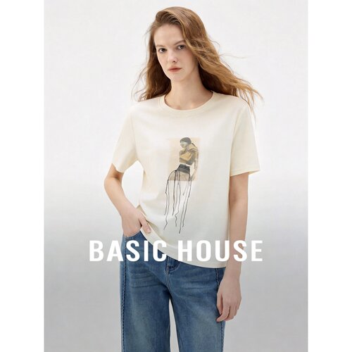 Basic House/百家好韩系印花棉质短袖T恤女夏宽松显瘦休闲风上衣