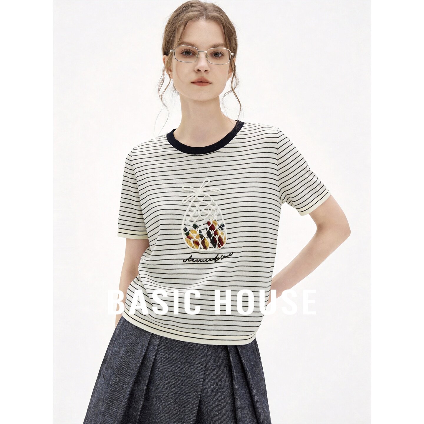 Basic House/百家好菠萝刺绣条纹设计感针织衫女夏季宽松百搭上衣