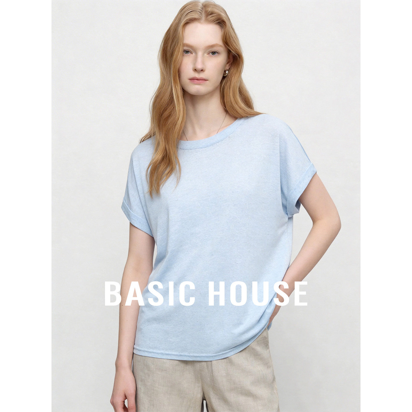 Basic House/百家好纯色圆领基础简约短袖T恤女夏季百搭短款上衣
