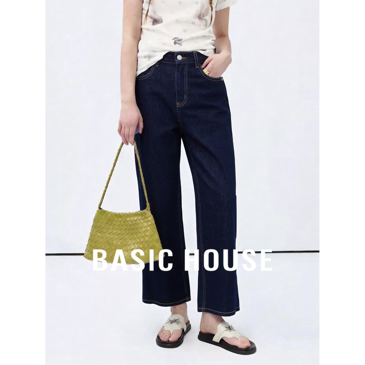 Basic House/百家好藏青色莱赛尔宽松高腰牛仔裤时尚百搭微弹长裤
