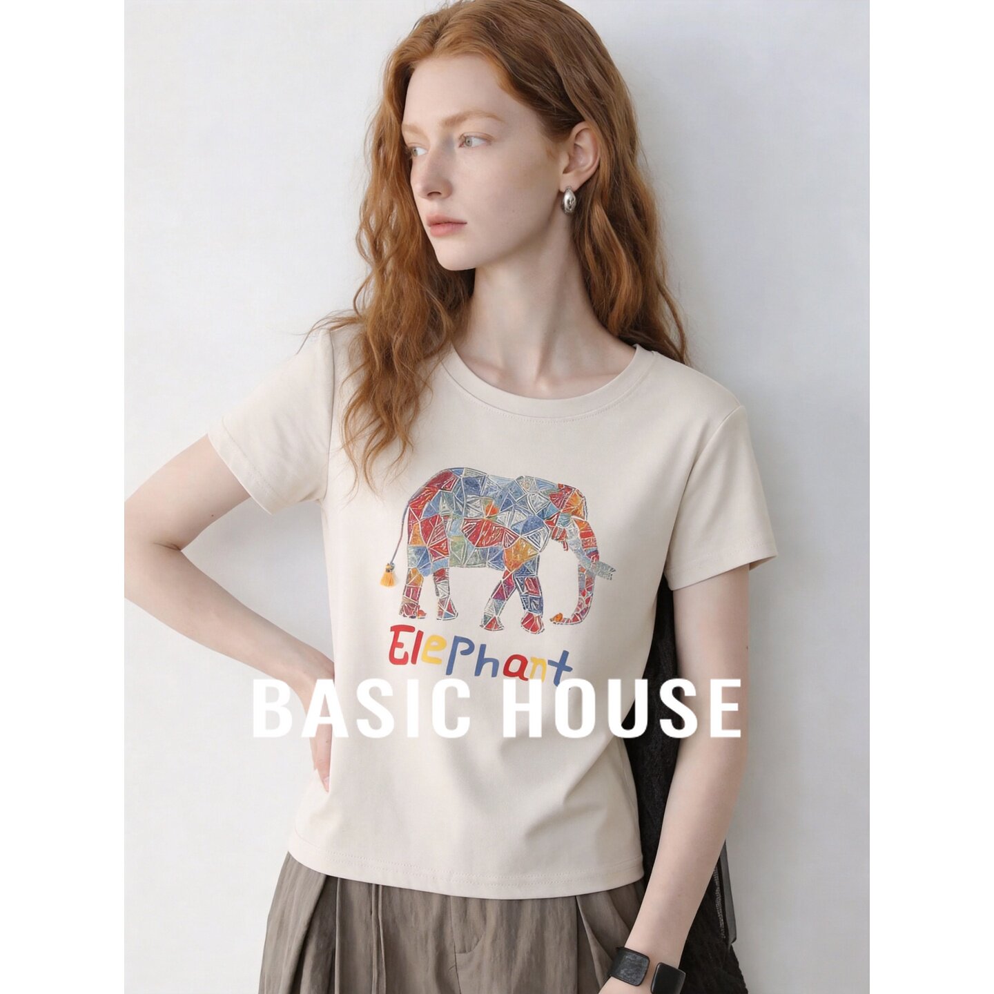 Basic House/百家好大象印花短袖T恤女夏季杏色百搭显瘦棉质上衣