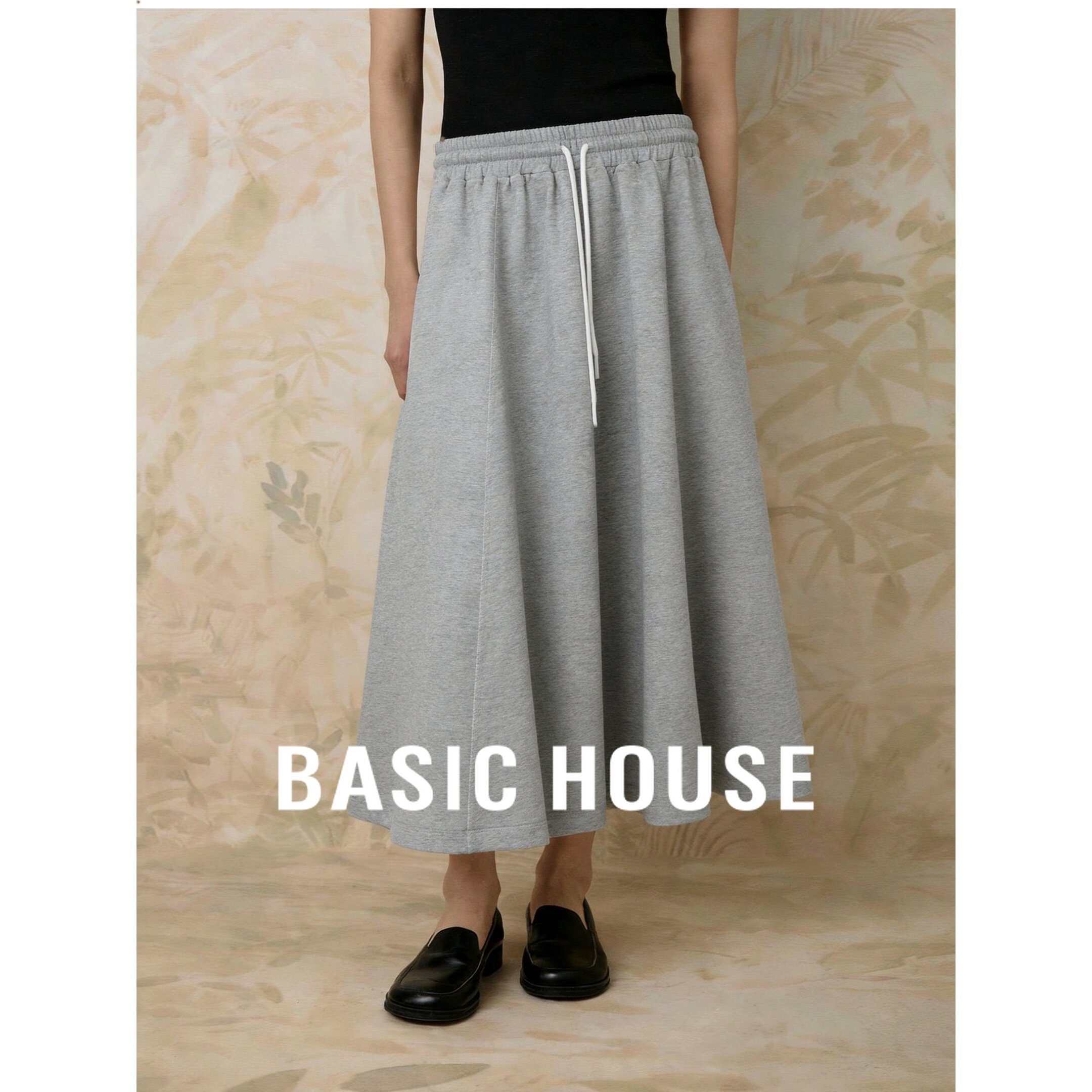 Basic House/百家好优雅风灰色半身裙女夏抽绳中长裙简约气质半裙