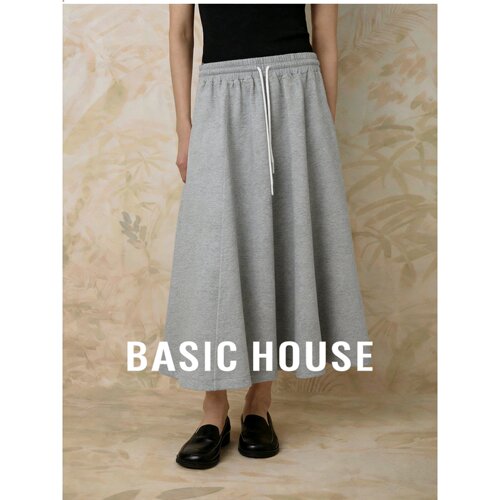 Basic House/百家好优雅风灰色半身裙女夏抽绳中长裙简约气质半裙