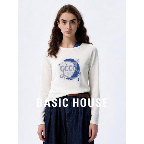 Basic House/百家好2026春米白印花设计感长袖针织衫女轻薄打底衫