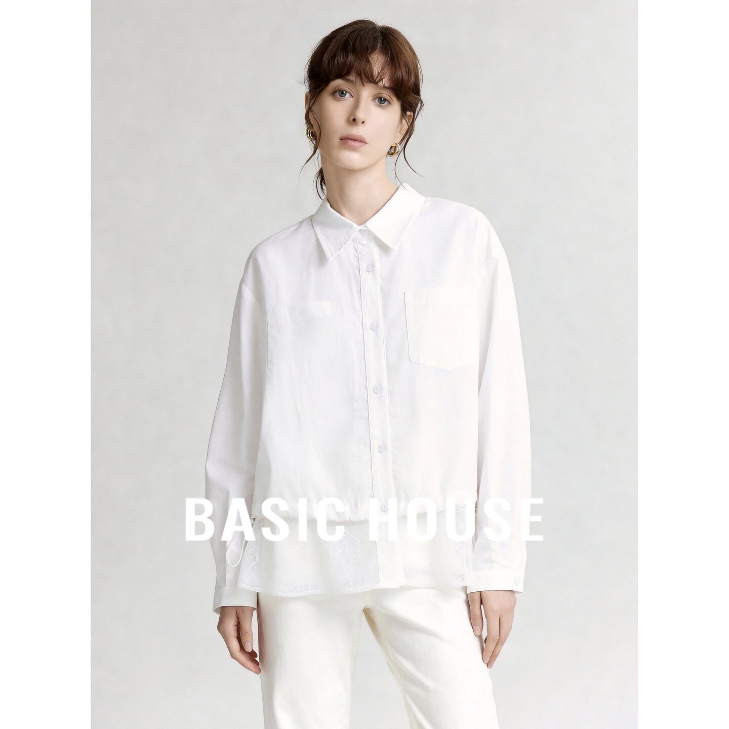 Basic House/百家好极简风白色长袖衬衫女蕾丝拼接翻领百搭衬衫