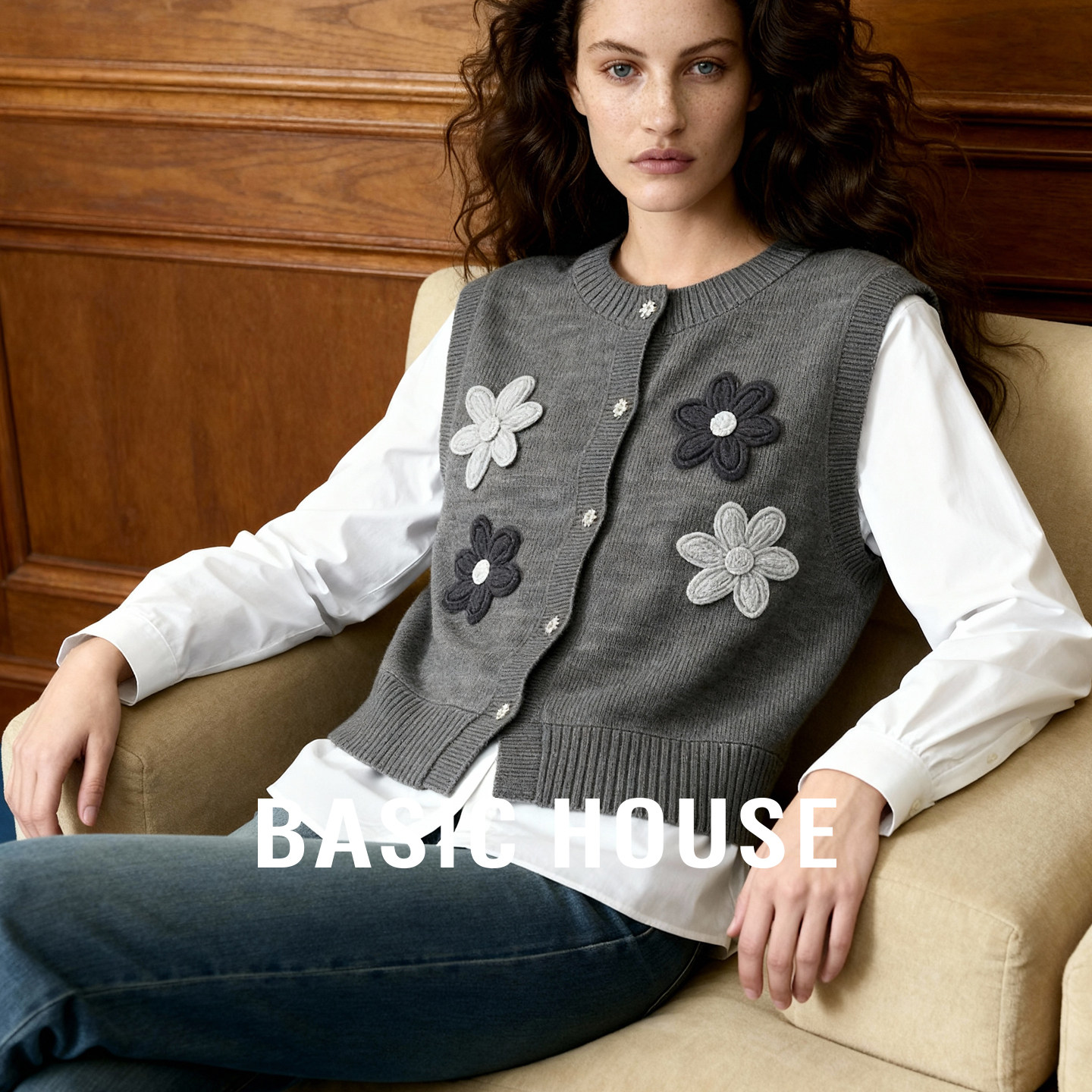 Basic House/百家好2026早春新款假两件拼接针织衫钩花短款上衣女