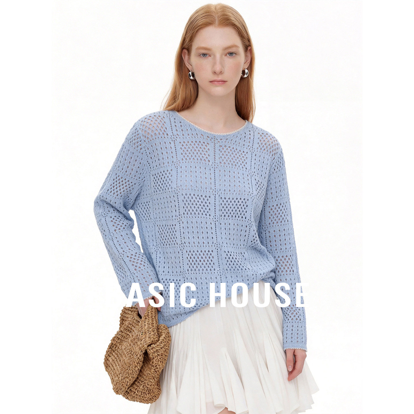 Basic House/百家好莱赛尔亚麻宽松镂空罩衫新款纯色套头针织上衣