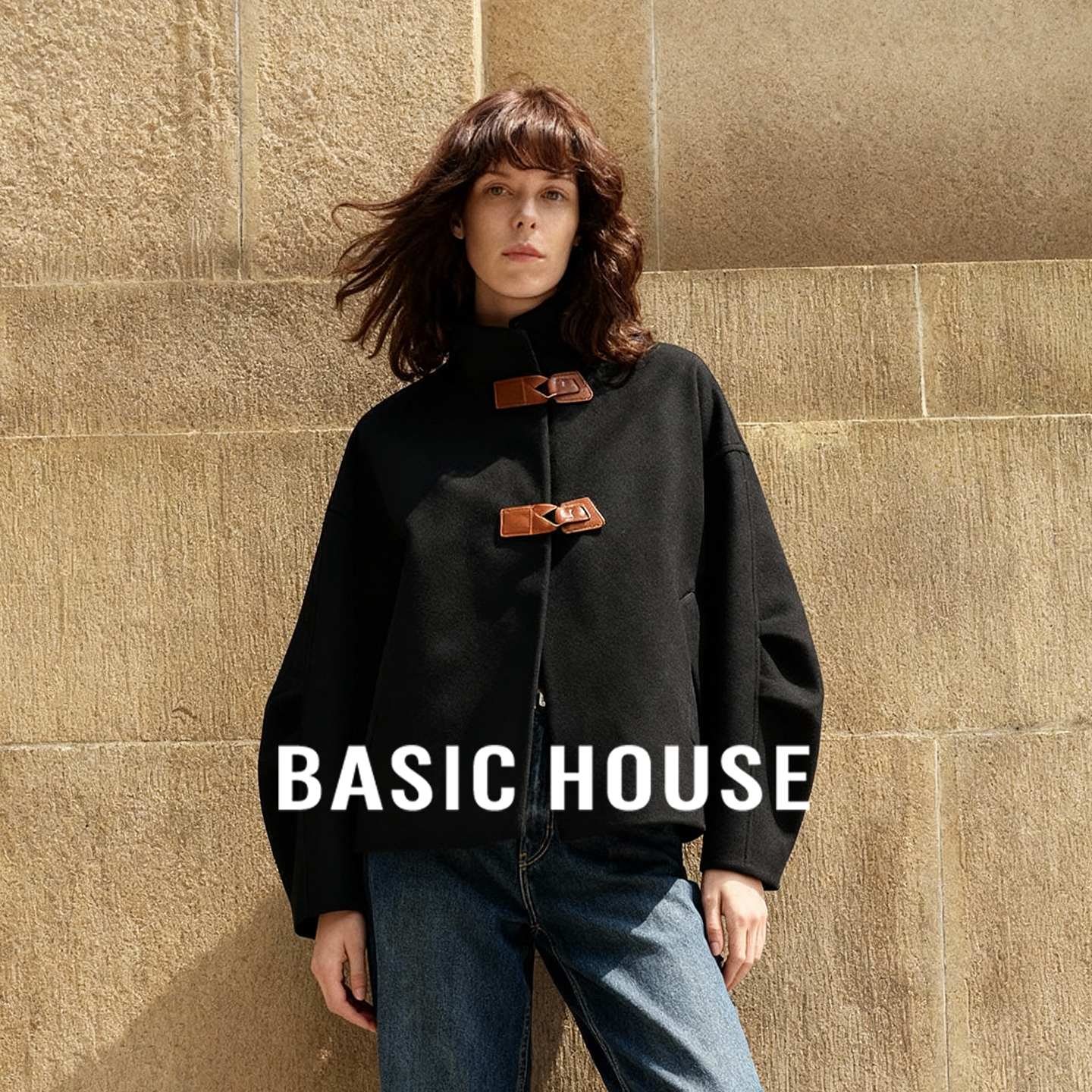 Basic House/百家好2025绵羊毛短款双面呢大衣翻领皮扣毛呢外套秋