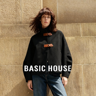 Basic House/百家好2026绵羊毛短款双面呢大衣翻领皮扣毛呢外套秋