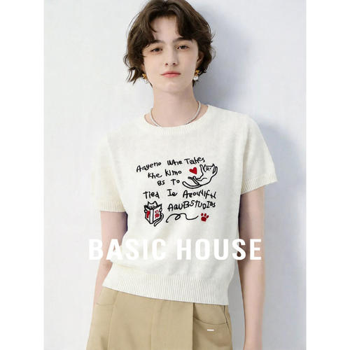 Basic House/百家好2026夏季圆领字母刺绣短袖针织衫女松弛感上衣