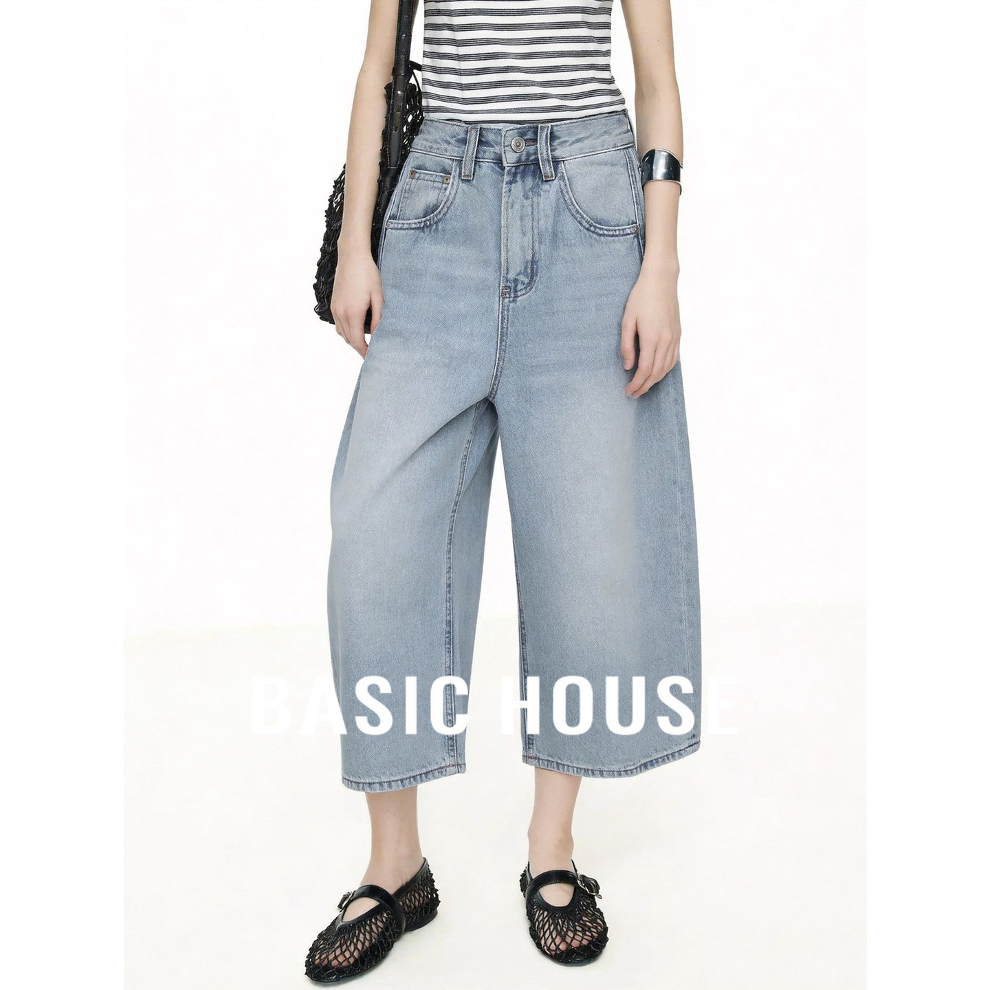 Basic House/百家好浅蓝色复古高腰阔腿牛仔裤女夏宽松显瘦七分裤