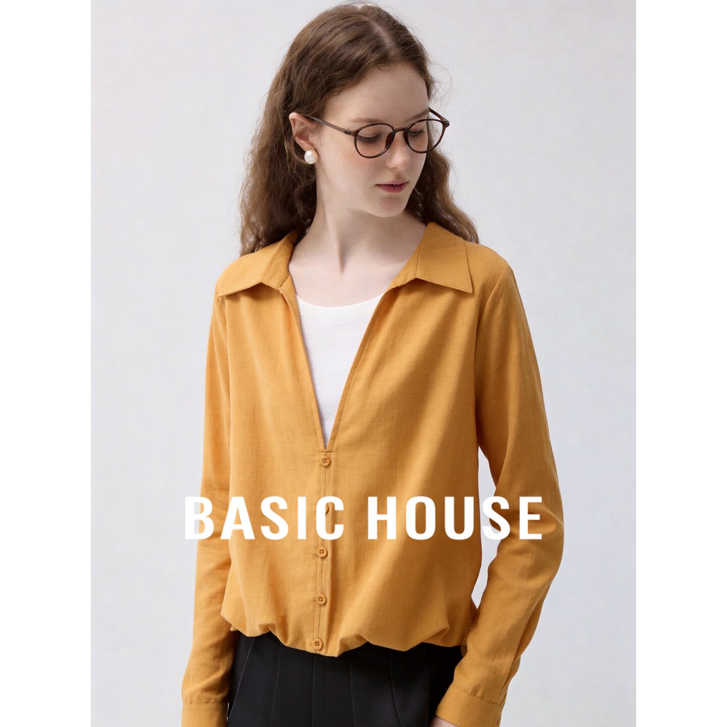 Basic House/百家好翻领长袖衬衫女款假两件设计百搭职场穿搭上衣