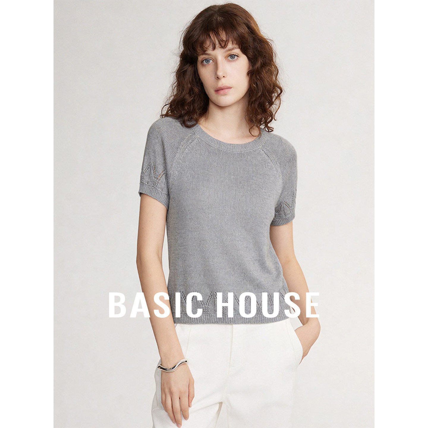 Basic House/百家好灰色圆领透气松弛短袖针织衫女夏宽松显瘦上衣