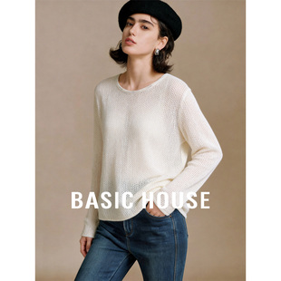 宽松圆领透气百搭罩衫 Basic 女夏季 百家好米白色镂空针织衫 House